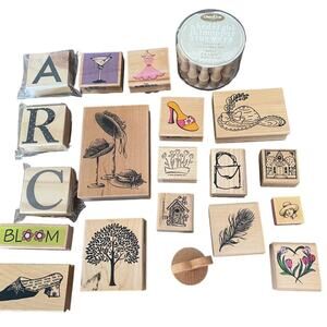 20 Lot Bundle Rubber Wooden Stamp Arts Crafts DIY Kit Feminine Hat Dress Shoe